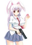  animal_ears between_breasts breasts bullet bunny_ears desert_eagle dress_shirt erect_nipples gun handgun impossible_clothes impossible_clothing impossible_shirt large_breasts lavender_hair long_hair necktie pistol pleated_skirt red_eyes reisen_udongein_inaba rick.black shirt skirt solo touhou weapon 