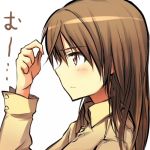  bangs blush brown_eyes brown_hair gertrud_barkhor gertrud_barkhorn hair_down long_hair lowres sandwich_(artist) simple_background strike_witches translated 