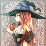  artist_request bare_shoulders blue_eyes breasts brown_hair cleavage detached_sleeves dragon&#039;s_crown dragon's_crown dress food fruit hat hiyopuko holding holding_apple holding_fruit long_hair profile smile solo sorceress_(dragon&#039;s_crown) sorceress_(dragon's_crown) strapless_dress vanillaware witch_hat 