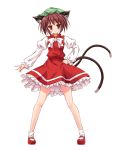  :3 animal_ears blush brown_eyes brown_hair cat_ears cat_tail chen dress hand_on_hip hat highres looking_at_viewer mary_janes multiple_tails murasaki_shitsu shoes short_hair simple_background smile socks solo standing tail touhou white_background white_legwear zi_se 
