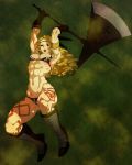  1girl abs amazon_(dragon&#039;s_crown) armlet armor armpits axe bikini_armor blonde_hair boots breasts circlet dragon&#039;s_crown egawa_satsuki feathers gloves green_eyes highres long_hair muscle solo tattoo thick_thighs thighs weapon 