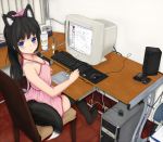  1girl adobe_photoshop bare_shoulders black_hair blue_eyes blush bow bra_strap breasts chair cleavage computer computer_keyboard computer_mouse dog_ears drawing dress drink extra_ears fox_ears fox_tail highres long_hair looking_back monitor original painttool_sai phone ponytail recursion ribbon ribbons sitting solo stylus tablet tail tenyoshi_(briansept) thighhighs wacom zettai_ryouiki 