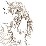  ^_^ bust closed_eyes daro greyscale grin horn horns hoshiguma_yuugi long_hair messy_hair monochrome simple_background sitting sketch smile solo touhou translated white_background 