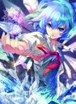  blue_dress blue_eyes blue_hair bow bust cirno dress hair_bow highres ice outstretched_hand ribbon shirt slit_pupils snowflakes solo touhou tsukimoto_aoi wings 