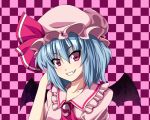  adjusting_hair bat_wings blue_hair brooch bust checkered checkered_background collarbone face fal_(falketto) falketto grin hat hat_ribbon jewelry purple_eyes remilia_scarlet ribbon short_hair smile solo touhou violet_eyes wings 