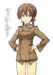  brown_eyes brown_hair gertrud_barkhorn hair_ribbon hands_on_hips military military_uniform open_mouth ribbon sandwich_(artist) simple_background strike_witches translated twintails uniform 