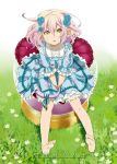  between_legs dress ears field flower grass hair_flower hair_ornament hand_between_legs looking_up mattaku_mosuke nature open_mouth original pink_hair sitting yellow_eyes 