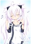  1girl ahoge animal_ears blush bracelet cat_ears closed_eyes digital_media_player eyes_closed headphones jewelry long_hair musical_note original reku shiroko_(reku) silver_hair solo twintails 