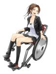  black_legwear bracelet breasts brown_eyes brown_hair cleavage guilty_crown jacket jewelry open_mouth pleated_skirt ponytail redjuice shinomiya_ayase sitting skirt smile solo wheelchair 