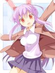  animal_ears bakushuu breasts bunny_ears dress_shirt heart heart-shaped_pupils impossible_clothes impossible_clothing impossible_shirt long_hair looking_at_viewer outstretched_arms pink_hair pleated_skirt purple_hair red_eyes reisen_udongein_inaba shirt skirt solo spread_arms symbol-shaped_pupils touhou 