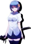  adult alternate_costume aoi_(nana-c) aoi_nana bad_id black_legwear blue_eyes blue_hair breasts flower hair_flower hair_ornament katana mahou_shoujo_madoka_magica miki_sayaka nanashi_(kari) school_uniform sheath short_hair simple_background skirt solo sword thigh-highs thighhighs weapon zettai_ryouiki 