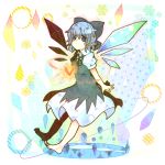  bad_id barefoot blue_eyes blue_hair bow cirno dress hair_bow heart highres ice ice_wings ringetsumon short_hair snowflakes solo touhou wings 