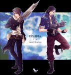  2boys askr_(mymy) black_hair blue_eyes brown_hair dissidia_012_final_fantasy dissidia_final_fantasy father_and_son final_fantasy final_fantasy_viii fur_trim gunblade laguna_loire long_hair multiple_boys scar squall_leonhart weapon 