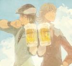  arm_up bad_id barnaby_brooks_jr beer black_hair blonde_hair brown_eyes cabbie_hat facial_hair glass glasses green_eyes hand_on_hip hat hips kaburagi_t_kotetsu male multiple_boys necktie pon_(cielo) short_hair sky sleeves_rolled_up smile stubble tiger_&amp;_bunny vest watch wristwatch 