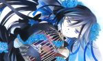 1girl artist_request black_hair blue_eyes bow cage gloves long_hair lowres rabbit ribbon rose solo stuffed_animal 