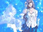  bottle brown_eyes brown_hair bubble cloud collarbone hair_over_one_eye long_hair original pomodorosa risa_hibiki short_sleeves sky sweat water_bottle 