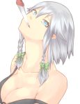  1girl bare_shoulders blue_eyes bow braid breasts bust cleavage collarbone hair_bow izayoi_sakuya knife mouth_hold silver_hair simple_background solo strap_slip throwing_knife touhou transparent_background twin_braids weapon 
