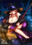  breasts cleavage detached_sleeves dragon&#039;s_crown dress hat large_breasts long_hair qblade red_eyes red_hair redhead side_slit solo sorceress_(dragon&#039;s_crown) staff strapless_dress witch_hat 