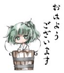  akaki_aoki bucket chibi child girl_in_bucket green_eyes green_hair hair_bobbles hair_ornament in_bucket in_container kisume smile solo touhou translated translation_request 