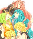  4girls aqua_hair bad_id blonde_hair closed_eyes eyes_closed gomi_chiri green_hair gumi hatsune_miku kagamine_len kagamine_rin long_hair megurine_luka multiple_girls pink_hair short_hair sleeping vocaloid 