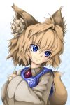  animal_ears blonde_hair blue_eyes bust face fox_ears fox_tail hayate-s highres multicolored_hair multiple_tails no_hat no_headwear short_hair slit_pupils smile solo tail touhou two-tone_hair yakumo_ran 