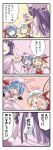  &gt;_&lt; 3girls 4koma ascot bibi black_wings blonde_hair blue_eyes blush_stickers closed_eyes comic crossed_arms eyes_closed fang flandre_scarlet frills from_behind gem happy hat heart highres long_hair multiple_girls patchouli_knowledge purple_eyes purple_hair red_eyes remilia_scaarlet remilia_scarlet touhou translated translation_request violet_eyes wings 