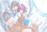  colored_pencil_(medium) commentary_request dress feathers fingernails glasses hand_holding hat hat_removed holding_hands morichika_rinnosuke mystia_lorelei open_mouth pink_eyes pink_hair silver_hair touhou traditional_media wings yellow_eyes you_(esparda) 