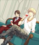  askr_(mymy) blue_eyes bracelet brown_hair cup facial_hair fate/zero fate_(series) formal gilgamesh goatee highres jewelry necklace snakeskin_print suit toosaka_tokiomi wine wine_glass 