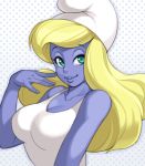  aqua_eyes bare_shoulders blonde_hair blue_skin breasts cleavage dress female finger_to_face green_eyes hand_on_face hat large_breasts lips long_hair maoo_aruba maou_alba monster_girl nose shoulderless_dress simple_background smile smurfette smurfs solo sundress the_smurfs white_dress 