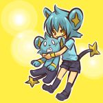  blue_hair blush_stickers cosplay frothing hair hitec hug human moemon personification pokemon pokemon_(creature) pokemon_(game) pokemon_dppt shinx shirt short_hair shorts smile tail yellow_eyes 