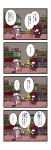  4koma bag black_wings blush book bookshelf chair closed_eyes comic crescent cup dora_e eyes_closed hat head_wings highres koakuma long_hair multiple_girls necktie patchouli_knowledge purple_hair red_hair redhead shelf sitting sweatdrop table teacup the_embodiment_of_scarlet_devil touhou translated translation_request wings 