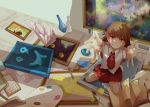  1girl arms_up book brown_hair carry_me ib ib_(ib) indoors kneeling knife long_hair looking_at_viewer painting_(object) palette paper red_eyes school_uniform smile tears vase xiaohan6th 