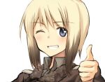  blue_eyes blush erica_hartmann face grin lowres sandwich_(artist) simple_background smile strike_witches thumbs_up wink 