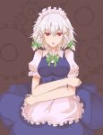  1girl apron bow braid breasts crossed_arms gears hair_bow highres izayoi_sakuya maid maid_headdress pocket_watch red_eyes ribbon solo the_embodiment_of_scarlet_devil touhou twin_braids watch white_hair 