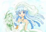 blue_eyes blue_hair bouquet bridal_veil dress flower ikamusume jewelry long_hair ring sakuganki shinryaku!_ikamusume shrimp tentacle_hair tiara veil wedding_dress 