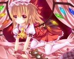  all_fours ascot bad_id bed blonde_hair bow dress flandre_scarlet flower flowers hat highres ikeda_hazuki red_eyes rose short_hair side_ponytail skirt skirt_set smile solo stuffed_animal stuffed_toy teddy_bear the_embodiment_of_scarlet_devil thigh-highs thighhighs touhou white_legwear wings wrist_cuffs 
