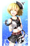  alternate_costume bare_shoulders belt blonde_hair blush closed_eyes crescent eel eyes_closed gloves happy hat highres kazetto lunasa_prismriver midriff moon navel open_mouth short_hair shorts sleeveless smile solo touhou water 