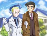  akuroma_(pokemon) arm_grab blonde_hair blue_hair blush brown_eyes commentary_request couple glasses gloves handsome_(pokemon) looker_(pokemon) looking_at_another male multicolored_hair necktie outdoors parted_lips pokemoa pokemon pokemon_(game) pokemon_xy smile trench_coat two-tone_hair yaoi yellow_eyes 