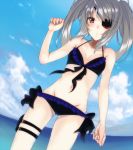  bikini blush cloud dutch_angle eyepatch front-tie_top halterneck infinite_stratos laura_bodewig lowleg lowleg_bikini mound_of_venus navel ocean red_eyes side-tie_bikini silver_hair sky solo swimsuit thigh_strap twintails 