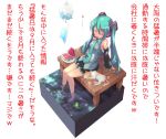  animal artist_request bare_legs bare_shoulders cat closed_eyes detached_sleeves eyes_closed food fruit green_hair hatsune_miku headphones hot long_hair necktie open_mouth plate roke sitting skirt soaking_feet solo translated translation_request twintails vocaloid water watermelon 