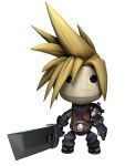  blonde_hair buster_sword cloud_strife expressionless final_fantasy final_fantasy_vii highres littlebigplanet looking_at_viewer male official_art simple_background solo spiked_hair spiky_hair standing sword turtleneck weapon white_background 
