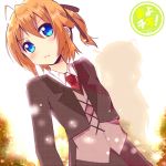  ahoge akamomo androgynous blue_eyes blurry blush bokeh butler depth_of_field dutch_angle frown hair_ribbon hair_up konoe_subaru mayo_chiki! necktie orange_hair reverse_trap ribbon silhouette solo tomboy 