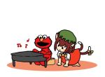  1girl all_fours animal_ears bow brown_hair cat_ears cat_tail chen dress ear_piercing elmo instrument jewelry multiple_tails musical_note piano piercing playing_piano red_dress ribbon sesame_street shirt single_earring sitting solid_circle_eyes tail tail_ribbon terajin touhou 