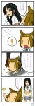  &gt;:) 2girls 4koma :&lt; akiyama_mio animal_ears black_eyes black_hair blush brown_hair butterfly comic dog_ears dog_tail hairband highres k-on! kemonomimi_mode long_hair multiple_girls open_mouth running signature skirt suan_ringo tail tainaka_ritsu translated translation_request |_| 