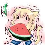  animal_ears blonde_hair cat_ears cat_tail chibi eating extra_ears food fruit holding holding_fruit hoshizuki_(seigetsu) kemonomimi_mode mizuhashi_parsee open_mouth puru-see solo tail touhou trembling watermelon 