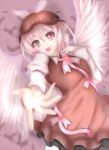  :d animal_ears brown_dress colored dress feathers foreshortening hand_on_own_chest hand_to_chest hat long_sleeves masaki_namimaya mystia_lorelei open_mouth outstretched_hand pink pink_eyes pink_hair short_dress short_hair smile solo touhou wings 