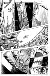  blood comic cuts dodge forestss highres injury mahou_shoujo_madoka_magica miki_sayaka monochrome multiple_girls polearm sakura_kyouko short_hair sword translation_request weapon 