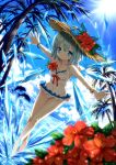  barefoot blue_eyes blue_hair bracelet cirno cloud dolphin flower frilled_swimsuit frills hair_flower hair_ornament hat hibiscus highres ice jewelry ocean one-piece_swimsuit outstretched_arms palm_tree short_hair sky solo spread_arms straw_hat swimsuit teenage touhou tree wings yukim27 