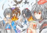  3girls ahoge bird bird_wings black_hair bridal_gauntlets brown_hair closed_eyes colored_pencil_(medium) crow cup fan feathers fighting glasses hat himekaidou_hatate inubashiri_momiji miniskirt morichika_rinnosuke multiple_girls newspaper red_eyes ribbon shameimaru_aya short_hair silver_hair skirt tea tengu touhou traditional_media twintails wings you_(esparda) 