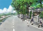  bag bus_stop cat everyone highres kureta_(nikogori) multiple_girls nikogori-mattyaduke original scenery school_bag school_uniform shimenawa shrine street torii tree 